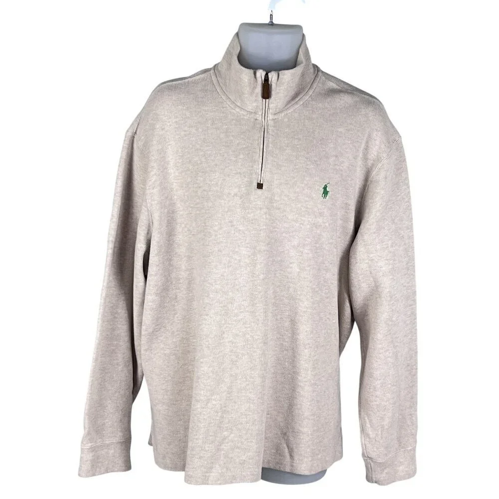 Polo Ralph Lauren Mens XXL Tan Rib Mockneck 1/4 Zip Pullover Old Money Timeless